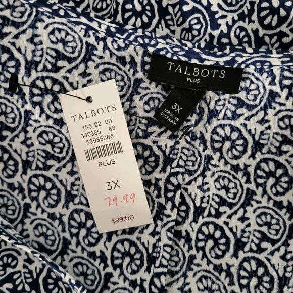 Talbots Side Tie Faux Wrap Top 3X Blue Scroll V-neck 3/4 Sleeve Slimming NEW - Picture 12 of 13